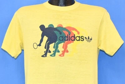 vtg 80s ADIDAS TRICOT TENNIS RAINBOW TREFOIL THREE STRIPE YELLOW t-shirt LARGE L - Image 1 of 4