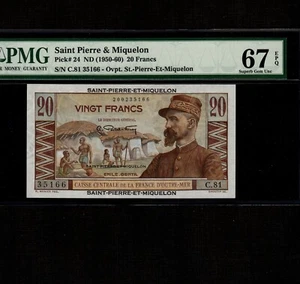 Saint Pierre & Miquelon 20 Francs 1950-60 P-24 * PMG Superb Gem Unc 67 EPQ * - Picture 1 of 2