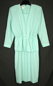 VTG HENRY LEE Lace Trim AQUA GREEN/BLUE Crepe PEPLUM DRESS 43"Bust 14/XL - Picture 1 of 8