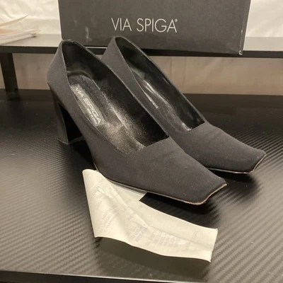 TACONES VIA SPIGA ITALIA NEGROS LONA PUNTERA CUADRADA 8M Foto 1 de 4
