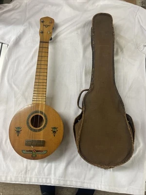 Ukelele Banjo Ganador Años 20 Egipcio Rey Tut Madera-Top Banjolele con Estuche Original Foto 1 de 4
