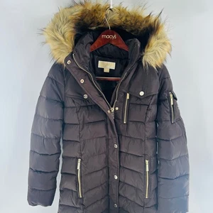 Michael Kors Puffer Coat Faux Fur Hooded Quilted Brown Winter Jacket S - Picture 1 of 9