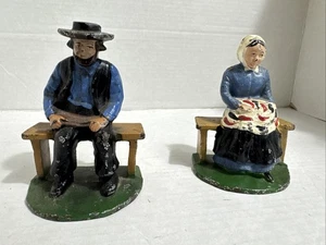 Antique Cast Iron Bookends Amish People Man & Woman Set Sitting on a Bench - Picture 1 of 11