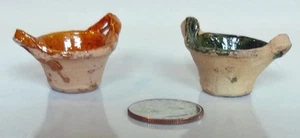2 Vintage 1:12 Miniature Bowls Pots Terracotta Clay Handmade Mexican Brown Green - Picture 1 of 4