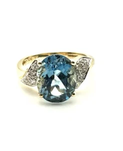 9ct Gold Diamond Blue Topaz Ring 9K Gold Topaz Statement Ring Diamond Accents - Picture 1 of 24