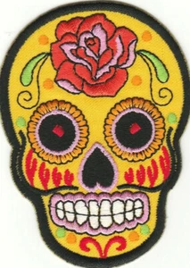 Yellow Sugar Skull Day of the Dead 3.5 Inch Aztec Embroidery Patch Iron on Shirt - Picture 1 of 2