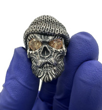 925 Sterling Silver Head Scarf Bearded Skull With Champagne, CZ Eyes Size-8