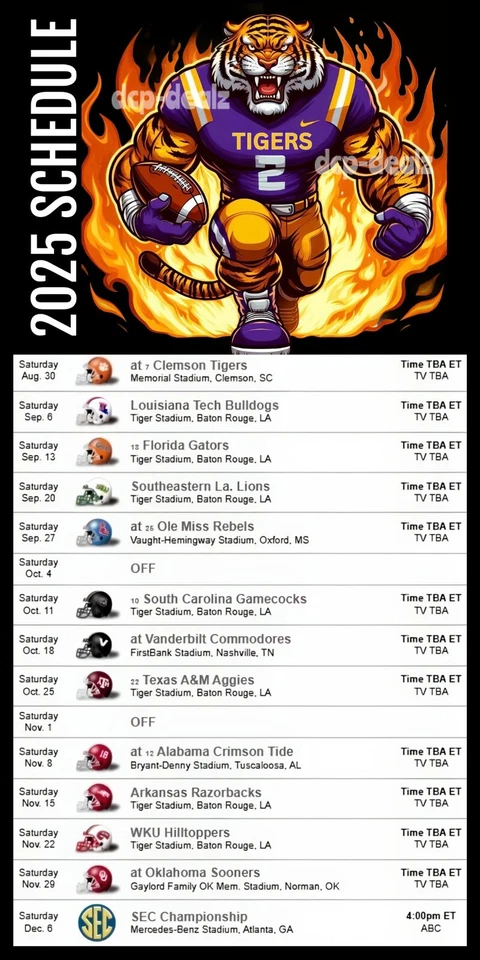 LSU Tigers Football 2025 Schedule GLOSSY DECAL 4" x 8" - Image 1 of 1