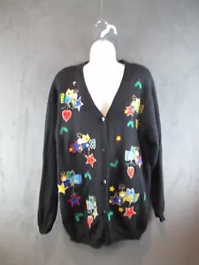 Quacker Factory Cardigan Sweater Women Medium Black Angels Holiday Embroidered - Picture 1 of 17