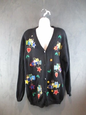 Quacker Factory Cardigan Sweater Women Medium Black Angels Holiday Embroidered  - Image 1 of 4