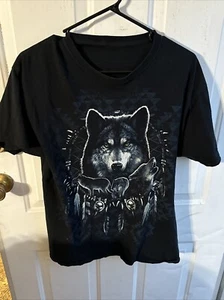 Maglietta grafica Tribal Wolf & Dream Catcher taglia grande FOTL nera - Foto 1 di 2