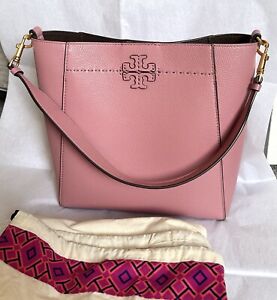 TORY BURCH MCGRAW Bucket Hobo Tote Bag PINK MAGNOLIA W/Dustbag, Discontinued