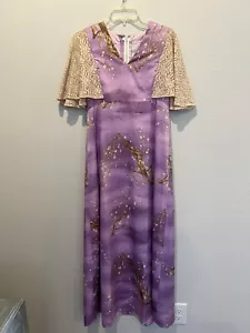 Vintage 70s Purple Maxi Dress Beige Lace Sleeves Cherry Blossom Print Size S - Picture 1 of 13