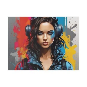 Female cyberpunk brunette water color art Matte Canvas, Stretched, 0.75" - Picture 1 of 13