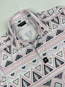 Bad Birdie Polo Shirt Men's Medium Pink Geometric Print Golf Performance Active - Picture 1 of 5