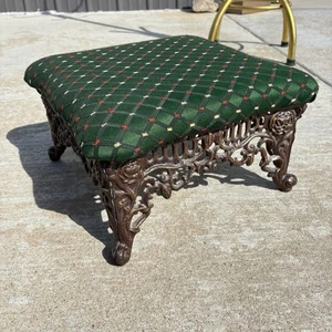 Vintage viktorianischer Stil schwerer Gusseisen Fußhocker 14" x 14" x 8" grün gepolstert - Bild 1 von 9