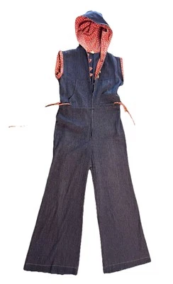 TRAJE Jeans Vintage Años 70 Denim Acampanado Campanas Casa Núcleo Boho Capucha Rojo Flores Foto 1 de 4