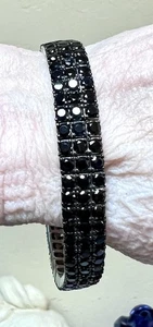 Stunning Designer Sterling Silver & Black Spinel Wide, 3 Row Gemstone Bracelet - Picture 1 of 13