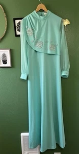 Vintage 70er mintgrün Boho Maxikleid transparente Ärmel Applikation Hippie Hochzeit 14 - Bild 1 von 23