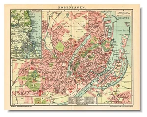 COPENHAGEN Antique Vintage Map dated 1907 København city plan DENMARK - Picture 1 of 16