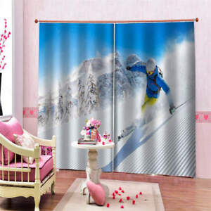 Skiing Blue Surfing Level White Snow Printing 3D Blockout Curtains Fabric Window