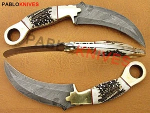 Cuchillo de cuerno de ciervo Karambit Full Tang de caza de acero Damasco hecho a mano personalizado de 12" - Imagen 1 de 2