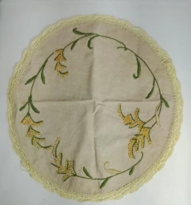 Tan Embroidery Doily Flowers Yellow Green - Picture 1 of 4