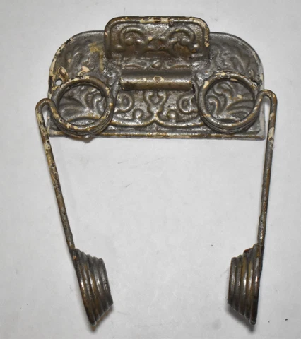 Antique Victorian Cast Iron Wire Spring Toilet Paper Holder w Cigar Holder Cover
