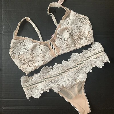 Victoria's Secret 34C 34D 36B M Sujetador Top S,M Tanga BEIGE Blanco APLICACIONES Bordado Foto 1 de 4
