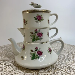 Rossetti Rose Stackable Tea Pot Creamer Sugar Made In Japan Pink Rosebud 4pc - Picture 1 of 9