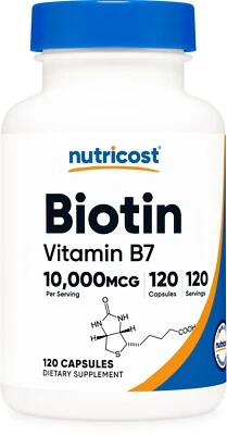 Nutricost Biotin (Vitamin B7) 10,000mcg (10mg), 120 Capsules - Image 1 of 4