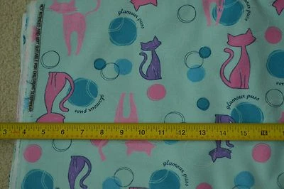 13" Long x 45" Wide, Pink & Purple Cats on Blue Better Flannel Fabric, D705 - Image 1 of 4