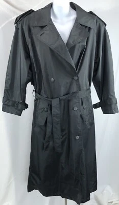Vintage Maggie Lawrence Rain Trench Coat 8 Blk Silky Double Breast Belted career - Image 1 of 4