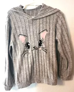 Unbranded Girl's 5/6Y Gray Hooded Top Kitten Face On Front EUC K/132 - Picture 1 of 7