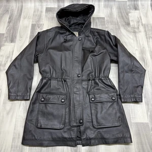 ✅VTG Middlebrook Park Womens MEDIUM Black Leather Hooded Jacket Adjustable Waist - Picture 1 of 10