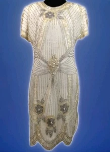 Vintage Lillie Rubin Silk Off White Beaded Dress Sz S Flapper Roaring 20s Retro - Picture 1 of 22