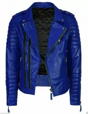 Urban Men's Leather Jacket Royal Blue Genuine Lambskin Leather Biker Jacket - Image 1 of 4