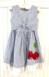 Bonnie Jean Girls Sz 4 "Apple" Seersucker Dress Tie Front  Blue White Bow - Picture 1 of 11
