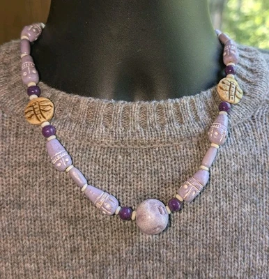 Women's Purple Tribal Necklace,Lavender Coral,Lavender Clay Dragonfly Bone Beads - Image 1 of 4