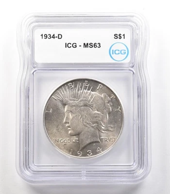 Dólar de plata Peace 1934-D MS63 ICG *4103 Foto 1 de 3