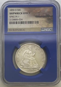 1859-O NGC Shipwreck SS Republic Seated Liberty Half Dollar 50c(E) AU Spike in 1 - Picture 1 of 2