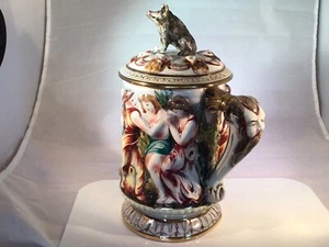 Capodimonte Embossed Bacchanal Lidded Stein Boar Finial Signed & #1136 9.25” - Picture 1 of 12