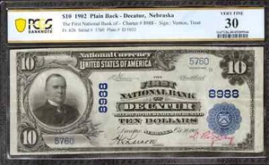 1902 $10 FIRST NATIONAL BANKNOTE CURRENCY DECATUR NEBRASKA PCGS 30 VF (760) - Picture 1 of 2