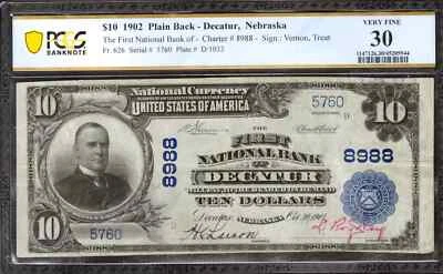 1902 $10 FIRST NATIONAL BANKNOTE CURRENCY DECATUR NEBRASKA PCGS 30 VF (760) - Image 1 of 2