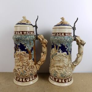 2 Antique German Ceramic Beer Steins JM Wald Und Auf Der Heide Dog Hunt Scene