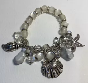 Nautical Bracelet Beach Charms Shells Faux Moonstone Silver Tone Stretch - Picture 1 of 3