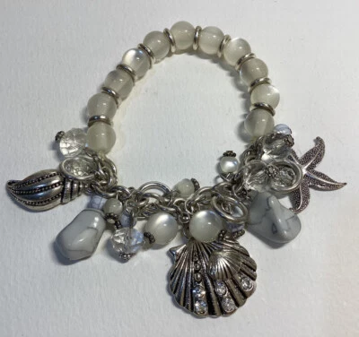 Nautical Bracelet Beach Charms Shells Faux Moonstone Silver Tone Stretch - Image 1 of 3