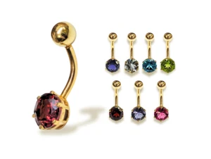 14K Gold Bauchnabel Ring, Solitär rund Kristall Bauchnabel Piercing, geschwungener Stab - Bild 1 von 11