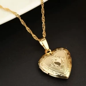 24K Gold Plated Small Heart Locket Pendant Necklace Photo Picture 18” N64 - Picture 1 of 6