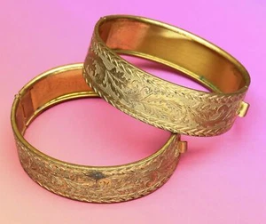 7-1/8 Zoll Retro Blumenmuster graviert vergoldete Armbänder Vintage klappbare Armbänder - Bild 1 von 9